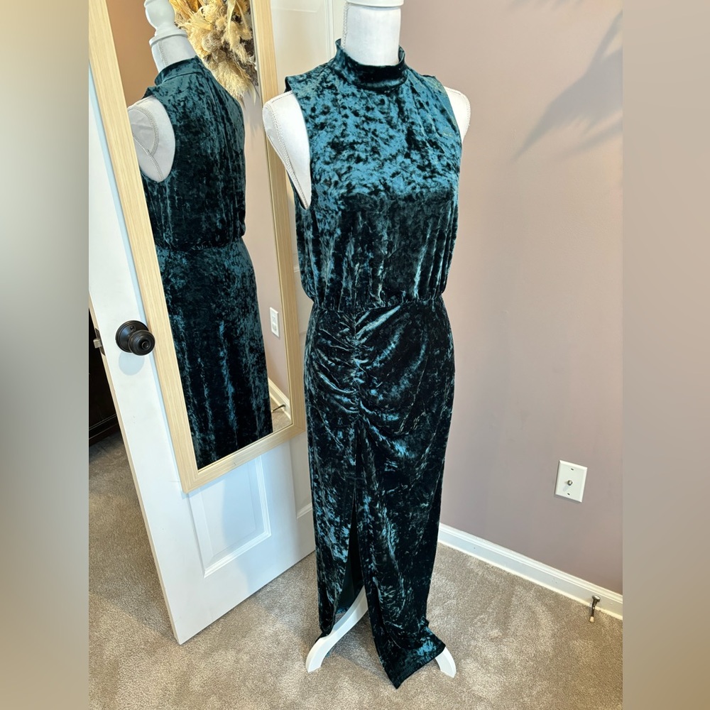 WAYF Teal/Green Velvet Gown w/ Slit and Ruched Waistline